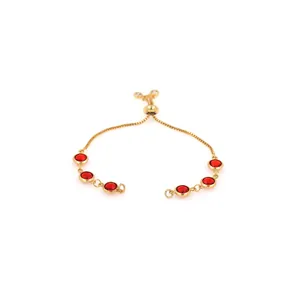 Detailed view of adjustable 18K gold-plated bracelet with six circular red gemstones