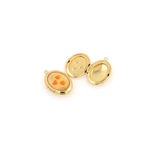 18K gold plated oval locket pendant with three red hearts showing open and closed views