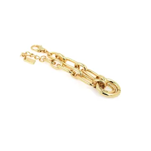 Close-up of 18K gold-plated chunky chain link bracelet with lobster clasp detail