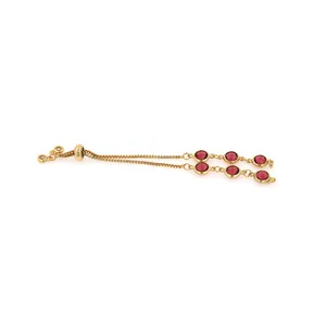 Detail of 18K gold-plated box chain with six round purple gemstones and slider