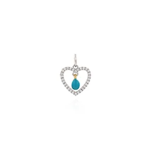 Detailansicht des Herzanhängers mit Zirkonia-Pavé und blauem Emaille-Wassertropfen-Anhänger