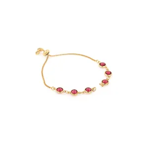 Detail of 18K gold-plated box chain bracelet with six faceted red zircon stones