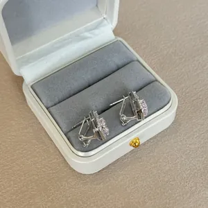 Detail of pink crystal leverback earrings in S925 silver presented in a jewelry box