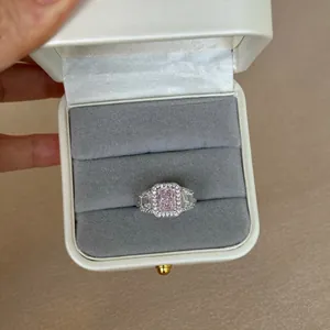 Detailed view of an S925 silver ring featuring a pink rectangular ice-cut carbon diamond