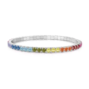 Rainbow cubic zirconia tennis bracelet in S925 sterling silver with elastic band design