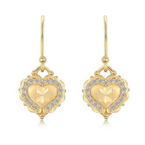 Gold brushed heart earrings with starburst engraving and sparkling crystal accents