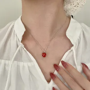 3D red strawberry pendant necklace in S925 sterling silver chain for women or girls