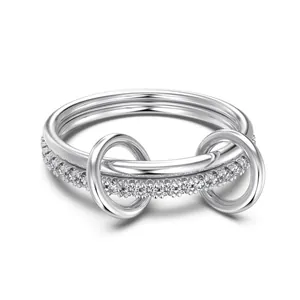 S925 sterling silver triple layer ring with white zircon pave setting and linked circles