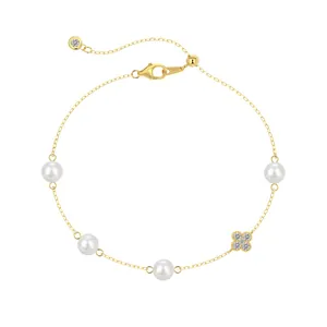 S925 Silber vergoldetes Kleeblatt Perlenarmband mit verstellbarem Karabinerverschluss