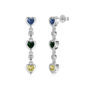 S925 silver drop earrings featuring heart-shaped blue, green, and yellow colorful stones