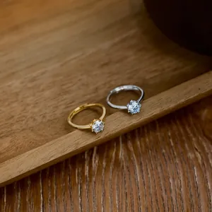 Classic S925 silver and gold-plated rings with six-prong set cubic zirconia stones