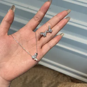 S925 sterling silver bow jewelry set with cubic zirconia necklace and stud earrings