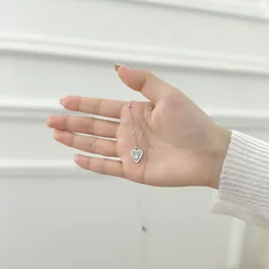 Elegant S925 sterling silver heart necklace with micro-pave cubic zirconia and bead chain