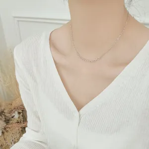 Detail view of a 925 sterling silver heart paperclip chain necklace worn on the neck
