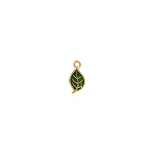 18K gold-plated leaf charm with green enamel and veins for DIY jewelry making