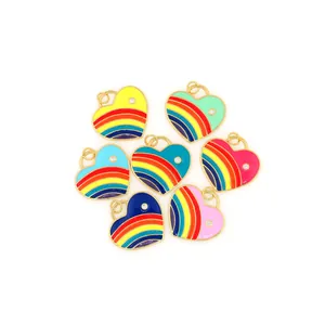 Set of 7 heart rainbow enamel pendants with 18K gold plated finish and zircon stones