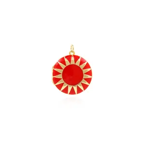 18K gold plated round locket pendant with red enamel sunburst design and hinge