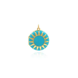 Detail of 18K gold-plated locket with sunburst pattern and blue enamel finish