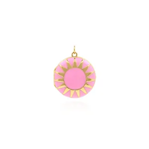 18K gold-plated circular locket necklace with pink enamel and sunburst star pattern