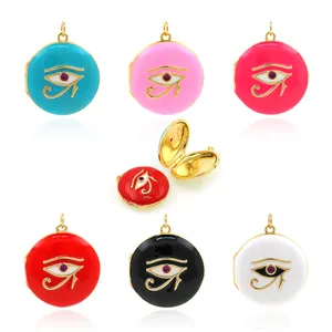 Detailed view of colorful 18K gold-plated Horus eye locket pendants with enamel finishes