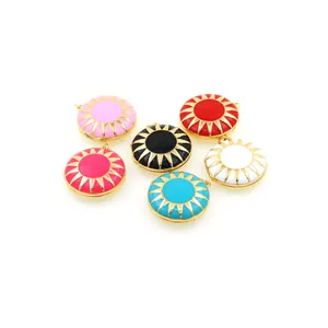 Close-up of six colorful 18K gold-plated round enamel pendants with sunburst pattern