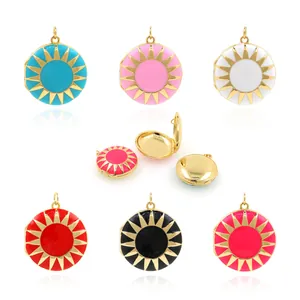 Detail of 18K gold-plated round locket pendants with enamel starburst pattern in six colors