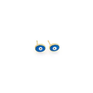 Detail of 18K gold-plated Evil Eye stud earrings with blue and white enamel inlay