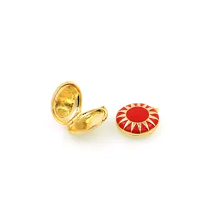 18K gold-plated circular locket pendant with red sunburst enamel and photo compartment