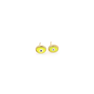 Macro detail of 18K gold plated evil eye stud earrings with vibrant yellow-green enamel