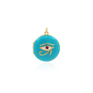 Macro view of blue enamel Eye of Horus pendant with 18K gold plating and zircon