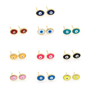 Set of 10 pairs of 18K gold-plated Evil Eye stud earrings in diverse enamel colors