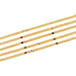 Chaîne Gourmette Plate en Cuivre Plaqué Or 18K Fabrication de Bijoux DIY Chaîne Incrustée de Zircone Multicolore Pour Bracelet Collier