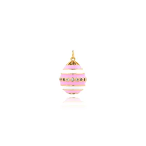 Detail of 18K gold-plated egg pendant with pink enamel stripes and inlaid crystals