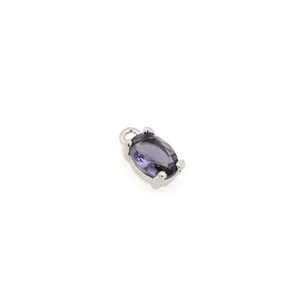 Close-up of oval purple gemstone pendant in silver finish with secure four-prong setting