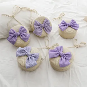Borsa a Tracolla Rotonda in Paglia Intrecciata per Bambini Con Grande Fiocco Viola Borsa Messenger per Ragazze Estate Spiaggia