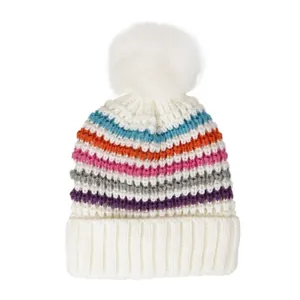 Bonnet tricoté à rayures arc-en-ciel pour enfants avec grand pompon blanc en fourrure