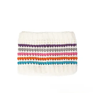 Détail d'un bandeau en tricot à rayures colorées avec texture côtelée en laine écrue