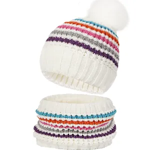 Bonnet Et Écharpe Tricotés D'Hiver Pour Enfants Rayures Arc-en-ciel Pompon Bonnet Chaud Pour Tout-petits