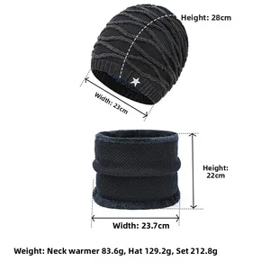 Winter beanie and neck warmer set weight and dimensions detail in dark blue knit