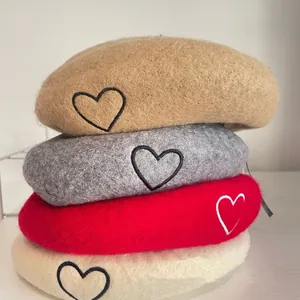 Kids wool beret hats with heart embroidery in khaki grey red and cream colors