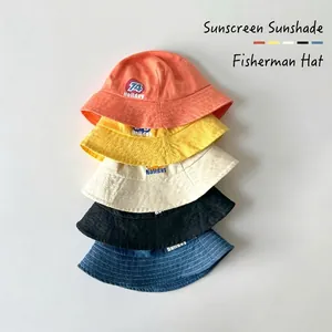 Kids Japanese Retro Cotton Bucket Hat Sun Protection Breathable Outdoor Beach Hat With Letter Print For Boys Girls