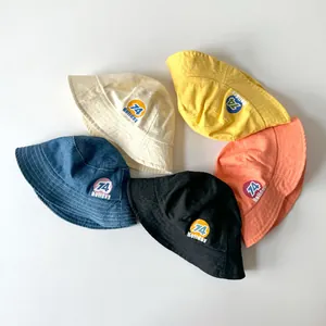 Kids vintage cotton bucket hats with letter print in five bright colors for sun protection