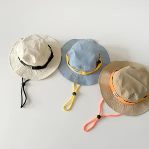 Kids outdoor sun hats with wide brim and adjustable wind cords in three assorted colors