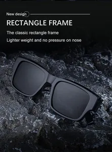 Close-up of lightweight rectangle frame sunglasses with polarized lenses on dark rock