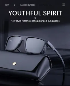 Detail of square polarized sunglasses with premium black leather case and metal buckle