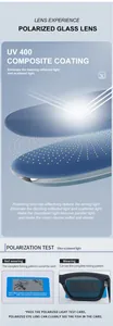 Polarized sunglasses lens detail showing UV400 protection layers and fishing test card