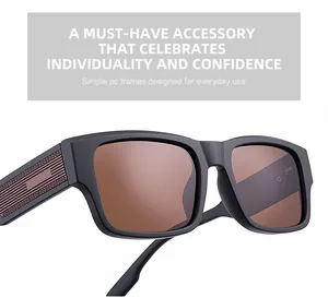 Close-up of matte black PC frame and brown polarized lens of the square sunglasses