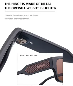 Detail of metal hinge structure and striped temple design on square polarized sunglasses