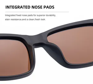 Detailed macro view of black sunglasses featuring integrated fixed nose pads for comfort
