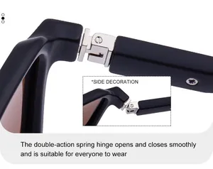 Detail showing the double-action silver spring hinge on square polarised sunglasses